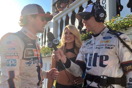 Brad Keselowski (right) interviews MONSTER ENERGY NASCAR CUP SERIES race winner Ryan Blaney (left) during FOX Sports’ “Drivers Only” broadcast of the Cup Series race