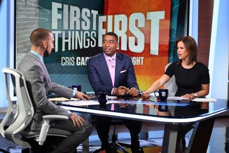 Nick Wright, Cris Carter & Jenna Wolfe on FIRST THINGS FIRST Set