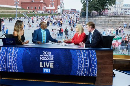 Kate Abdo, Ian Wright, Kelly Smith and Alexi Lalas at 2018 FIFA World Cup Russia™ Studio in Moscow’s Red Square