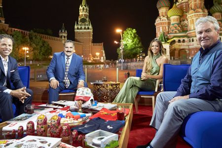Cobi Jones, Fernando Fiore, Kate Abdo and Guus Hiddink at 2018 FIFA World Cup Russia™ Studio in Moscow’s Red Square
