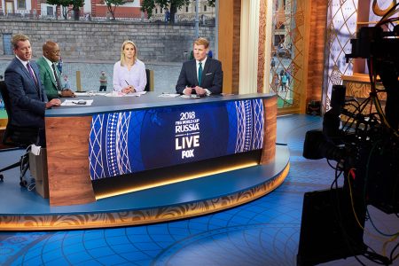 Rob Stone, Ian Wright, Kelly Smith and Alexi Lalas at 2018 FIFA World Cup Russia™ Studio in Moscow’s Red Square