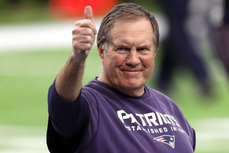 HOUSTON, TX - FEBRUARY 05: Head coach Bill Belichick of the New England Patriots gives a thumbs up on the field prior to Super Bowl 51 against the Atlanta Falcons at NRG Stadium on February 5, 2017 in Houston, Texas. (Photo by Patrick Smith/Getty Images)