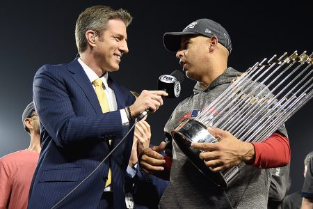 Kevin Burkhardt and Boston Red Sox Manager Alex Cora