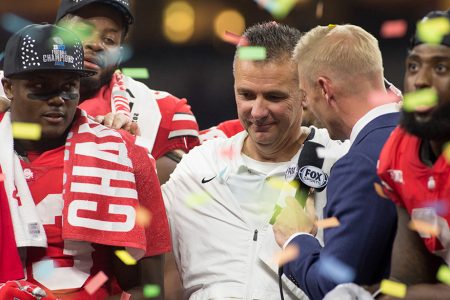 INDIANAPOLIS, IN - DECEMBER 01: Head coach Urban Meyer of the Ohio State Buckeyes speaks to the fans after winning the Big Ten Championship against the Northwestern Wildcats at Lucas Oil Stadium on December 1, 2018 in Indianapolis, Indiana. (Photo by Justin Casterline/Getty Images)