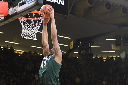 IOWA CITY, IA. - JANUARY 24: Michigan State forward Nick Ward (44) dunks a shot in the first half during a Big Ten Conference basketball game between the Michigan State Spartans and the Iowa Hawkeyes on January 24, 2019, at Carver-Hawkeye Arena, Iowa City, IA. (Photo by Keith Gillett/Icon Sportswire via Getty Images)