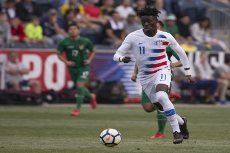 CHESTER, PA - MAY 28: Tim Weah #11 of the United States controls the ball during the friendly soccer match against Bolivia at Talen Energy Stadium on May 28, 2018 in Chester, Pennsylvania. (Photo by Mitchell Leff/Getty Images)