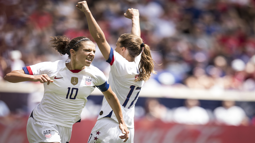 HARRISON, NJ - MAY 26: Captain Carli Lloyd #10 of United States celebrates scoring goal during the International Friendly match the U.S. Women's National Team and Mexico as part of the Send Off Series prior to the FIFA Women's World Cup at Red Bull Arena on May 26 2019 in Harrison, NJ, USA. The United States Women's National team won the match with a score of 3 to 0. (Photo by Ira L. Black/Corbis via Getty Images)