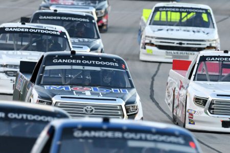 SPARTA, KY - JULY 11: The field of trucks work their way down the front stretch during the NASCAR Gander Outdoors Truck Series Buckle Up In Your Truck 225 on July 11, 2019, at Kentucky Speedway in Sparta, Kentucky. (Photo by Michael Allio/Icon Sportswire via Getty Images)