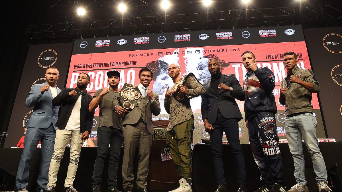 LAS VEGAS - JULY 17: (L-R) Sergey Lipinets, Luis Nery, Omar Figueroa, Manny Pacquiao, Keith Thurman, Yordenis Ugas, John Molina Jr., and Juan Carlos Payano at the final press conference for the PBC on Fox Sports Pay-Per-View at the MGM Grand on July 17, 2019 in Las Vegas, Nevada. (Photo by Frank Micelotta/Fox Sports/PictureGroup)