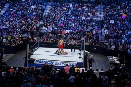 Umaga gloats to the throngs of fans after having brutally defeated his opponent during a WWE Smackdown event at Rose Garden arena in Portland. (Photo by Chris Ryan/Corbis via Getty Images)