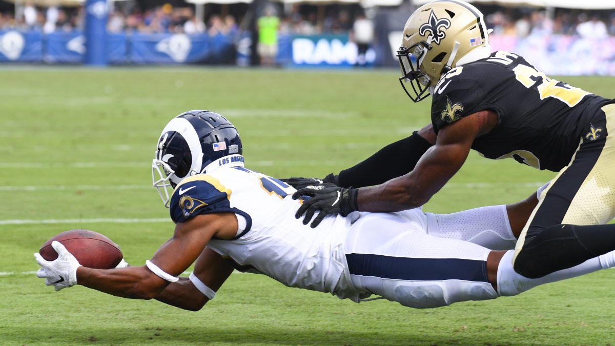 LOS ANGELES, CA - SEPTEMBER 15: Los Angeles Rams Wide Receiver Robert Woods (17) makes a diving catch just in front of the end zone during an NFL game between the New Orleans Saints and the Los Angeles Rams on September 15, 2019, at the Los Angeles Memorial Coliseum in Los Angeles, CA. (Photo by Brian Rothmuller/Icon Sportswire via Getty Images)