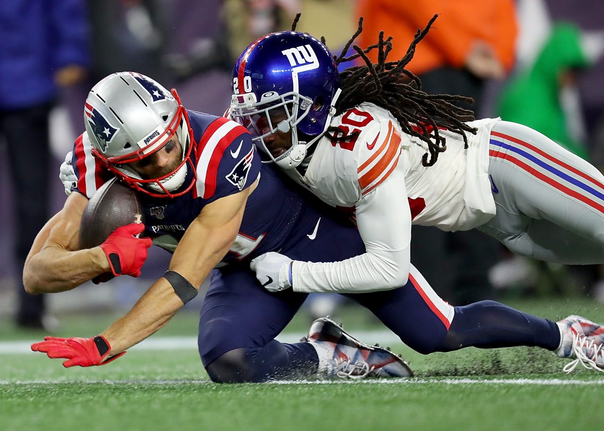 FOXBOROUGH, MASSACHUSETTS - OCTOBER 10: Julian Edelman #11 of the New England Patriots catches a 36 yard pass against the New York Giants during the fourth quarter in the game at Gillette Stadium on October 10, 2019 in Foxborough, Massachusetts. (Photo by Maddie Meyer/Getty Images)