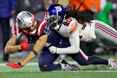FOXBOROUGH, MASSACHUSETTS - OCTOBER 10: Julian Edelman #11 of the New England Patriots catches a 36 yard pass against the New York Giants during the fourth quarter in the game at Gillette Stadium on October 10, 2019 in Foxborough, Massachusetts. (Photo by Maddie Meyer/Getty Images)