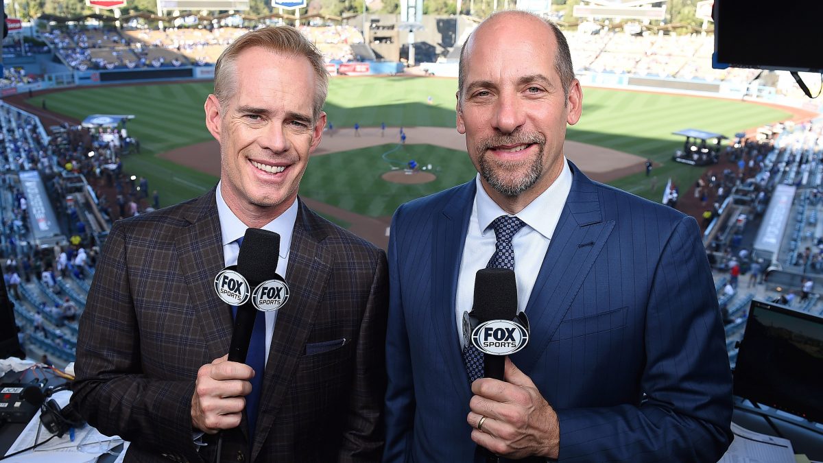 LOS ANGELES - OCTOBER 26: Joe Buck and John Smoltz at the World Series on Fox - Game 3 - Boston Red Sox at Los Angeles Dodgers at Dodgers Stadium on October 26, 2018 in Los Angeles, California. (Photo by Frank Micelotta/Fox/PictureGroup)