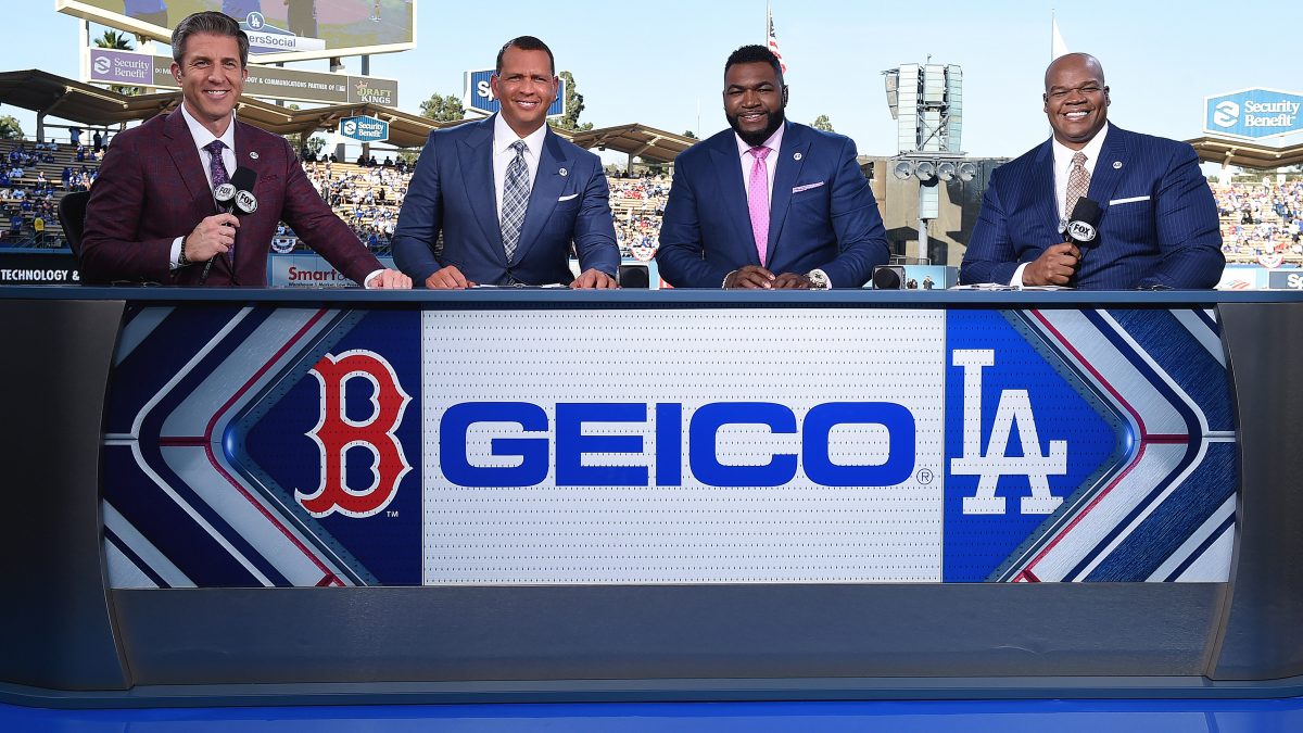 LOS ANGELES - OCTOBER 26: Kevin Burkhardt, Alex Rodriguez, David Ortiz and Frank Thomas at the World Series on Fox - Game 3 - Boston Red Sox at Los Angeles Dodgers at Dodgers Stadium on October 26, 2018 in Los Angeles, California. (Photo by Frank Micelotta/Fox/PictureGroup)