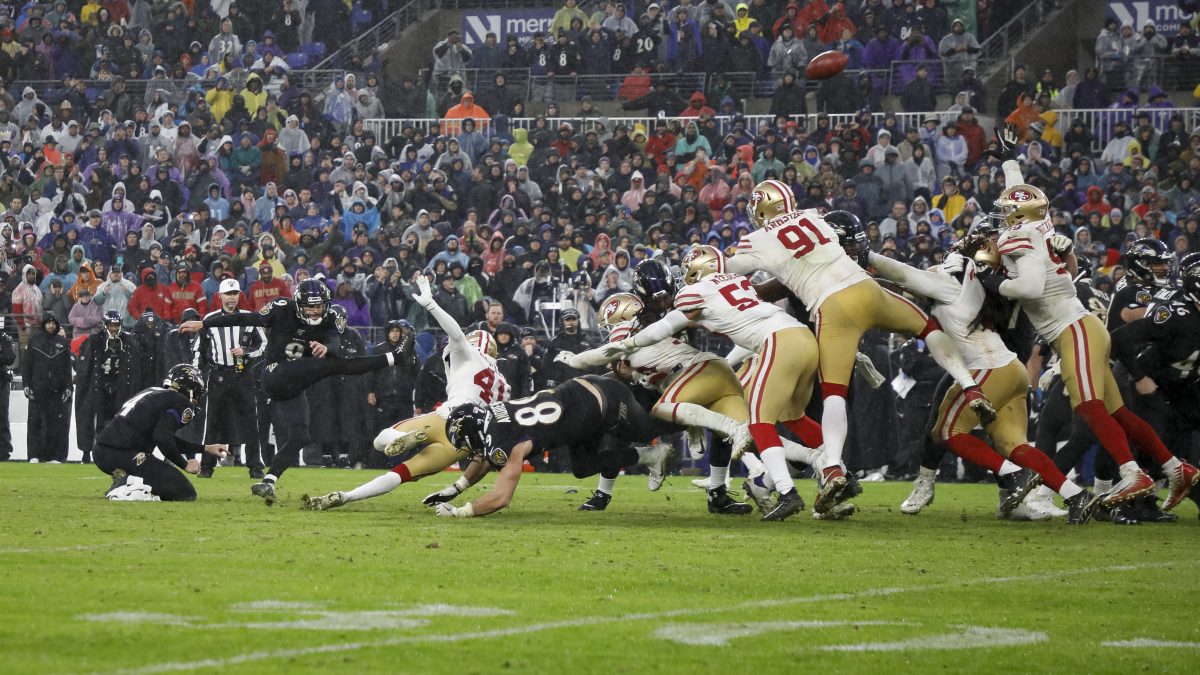 BALTIMORE, MD - DECEMBER 01: Justin Tucker #9 of the Baltimore Ravens kicks the game winning field goal against the San Francisco 49ers in the second half at M&T Bank Stadium on December 1, 2019 in Baltimore, Maryland. (Photo by Scott Taetsch/Getty Images)