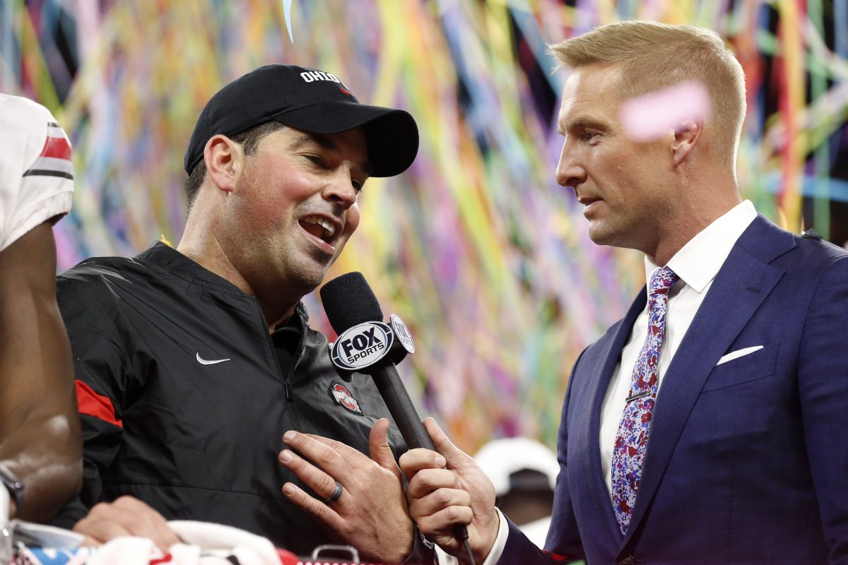 INDIANAPOLIS, INDIANA - DECEMBER 07: Head coach Ryan Day of the Ohio State Buckeyes talks during the post game awards in the Big Ten Championship game against the Wisconsin Badgers at Lucas Oil Stadium on December 07, 2019 in Indianapolis, Indiana. (Photo by Justin Casterline/Getty Images)