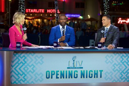 Charissa Thompson, Michael Vick and Tony Gonzalez at Super Bowl Opening Night