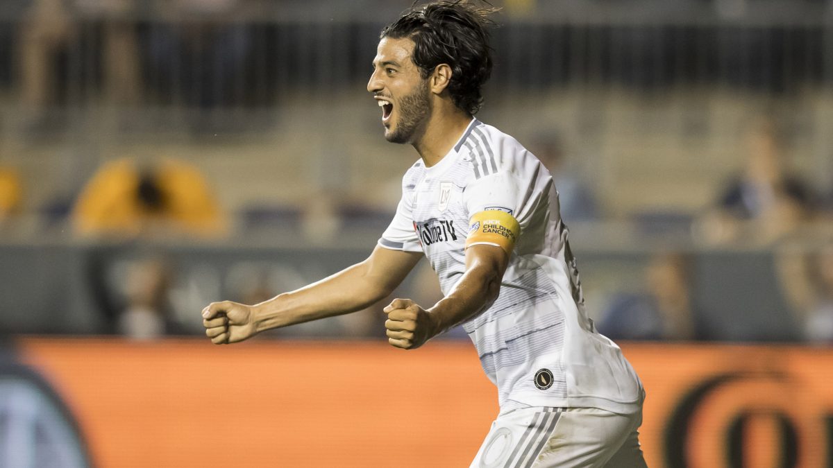CHESTER, PA- SEPTEMBER 14: Carlos Vela #10 of LAFC celebrates the goal to equalize the score in the 1st half of the Major League Soccer match between LAFC and Philadelphia Union. The match was held at Talen Energy Stadium in Chester, PA on September 14, 2019, USA. (Photo by Ira L. Black/Corbis via Getty Images)