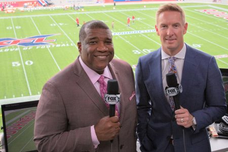 Curt Menefee and Joel Klatt at LA Wildcats vs. Houston Roughnecks