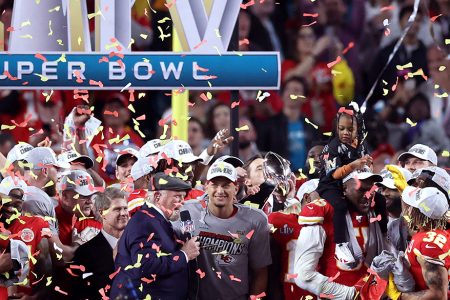 MIAMI, FLORIDA - FEBRUARY 02: The Kansas City Chiefs celebrate with the Vince Lombardi Trophy after defeating the San Francisco 49ers 31-20 in Super Bowl LIV at Hard Rock Stadium on February 02, 2020 in Miami, Florida. (Photo by Al Bello/Getty Images)