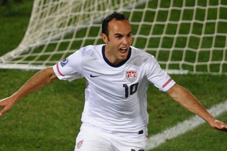 US midfielder Landon Donovan celebrates after scoring during their Group C first round 2010 World Cup football match on June 23, 2010 at Loftus Verfeld stadium in Tshwane/Pretoria. NO PUSH TO MOBILE / MOBILE USE SOLELY WITHIN EDITORIAL ARTICLE - AFP PHOTO / HOANG DINH NAM (Photo credit should read HOANG DINH NAM/AFP via Getty Images)