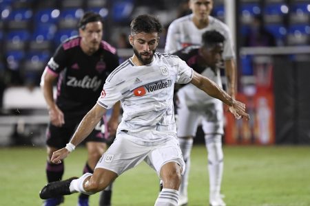 REUNION, FLORIDA - JULY 27: Diego Rossi #9 of Los Angeles FC scores his sides first goal from the penalty spot during a round of 16 match of the MLS is Back Tournament between Seattle Sounders and Los Angeles FC at ESPN Wide World of Sports Complex on July 27, 2020 in Reunion, Florida. (Photo by Douglas P. DeFelice/Getty Images)