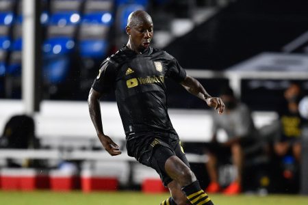 LAKE BUENA VISTA, FL - JULY 18: Bradley Wright-Phillips #66 of LAFC runs onto a pass during a game between Los Angeles Galaxy and Los Angeles FC at ESPN Wide World of Sports on July 18, 2020 in Lake Buena Vista, Florida. (Photo by Roy K. Miller/ISI Photos/Getty Images).
