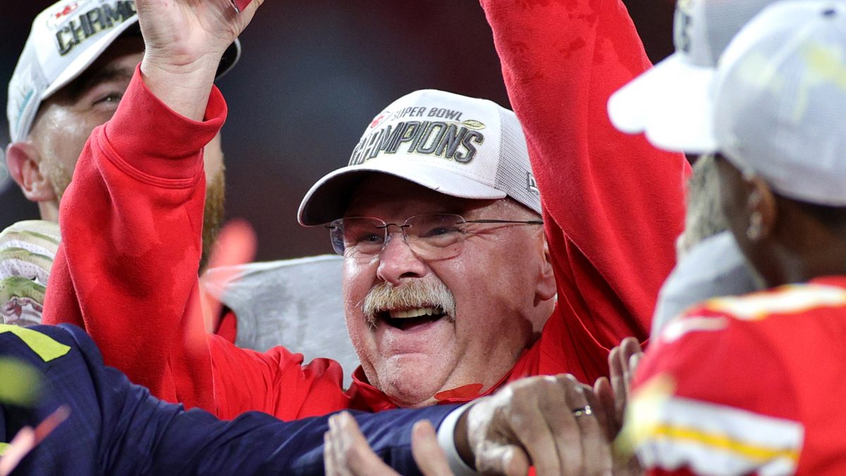 MIAMI, FLORIDA - FEBRUARY 02: Head coach Andy Reid of the Kansas City Chiefs celebrates with the Vince Lombardi Trophy after defeating the San Francisco 49ers 31-20 in Super Bowl LIV at Hard Rock Stadium on February 02, 2020 in Miami, Florida. (Photo by Maddie Meyer/Getty Images)
