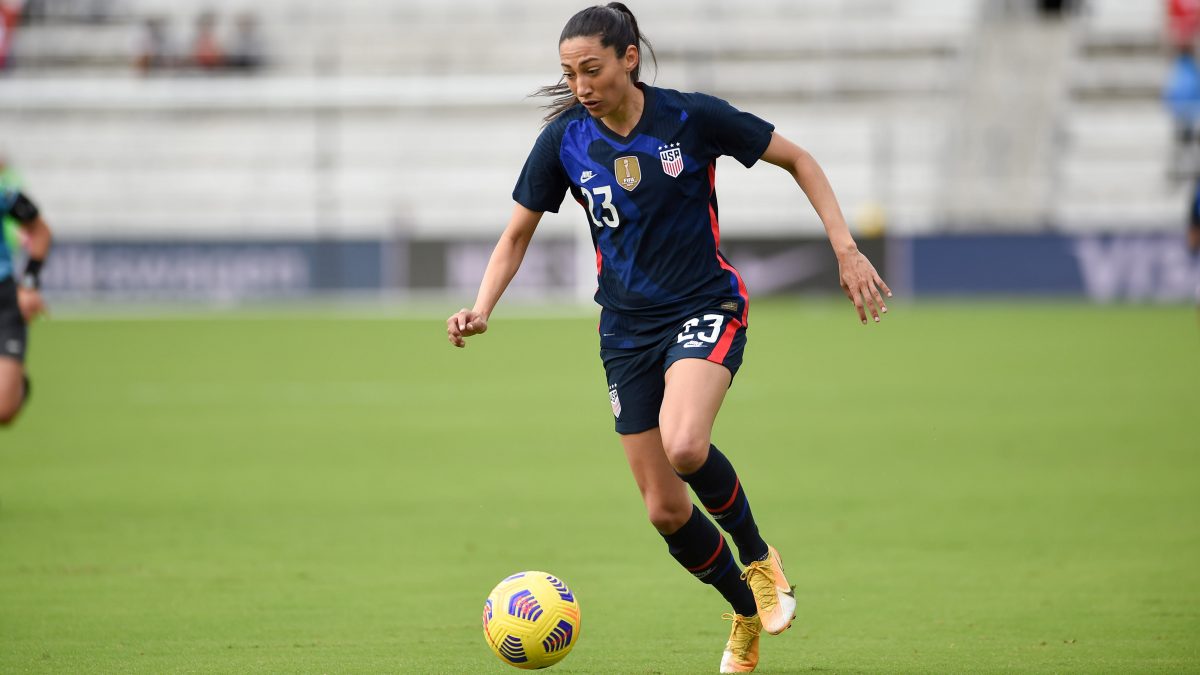 ORLANDO CITY, FL - FEBRUARY 21: Christen Press #23 of the Unites States dribbles with the ball during a game between Brazil and USWNT at Exploria Stadium on February 21, 2021 in Orlando City, Florida. (Photo by Jeremy Reper/ISI Photos/Getty Images)