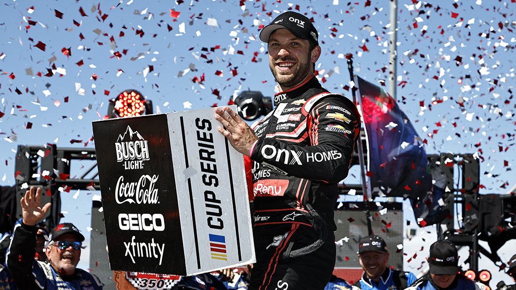 SONOMA, CALIFORNIA - JUNE 12: Daniel Suarez, driver of the #99 Onx Homes/Renu Chevrolet, celebrates in victory lane after winning the NASCAR Cup Series Toyota/Save Mart 350 at Sonoma Raceway on June 12, 2022 in Sonoma, California. (Photo by Chris Graythen/Getty Images)