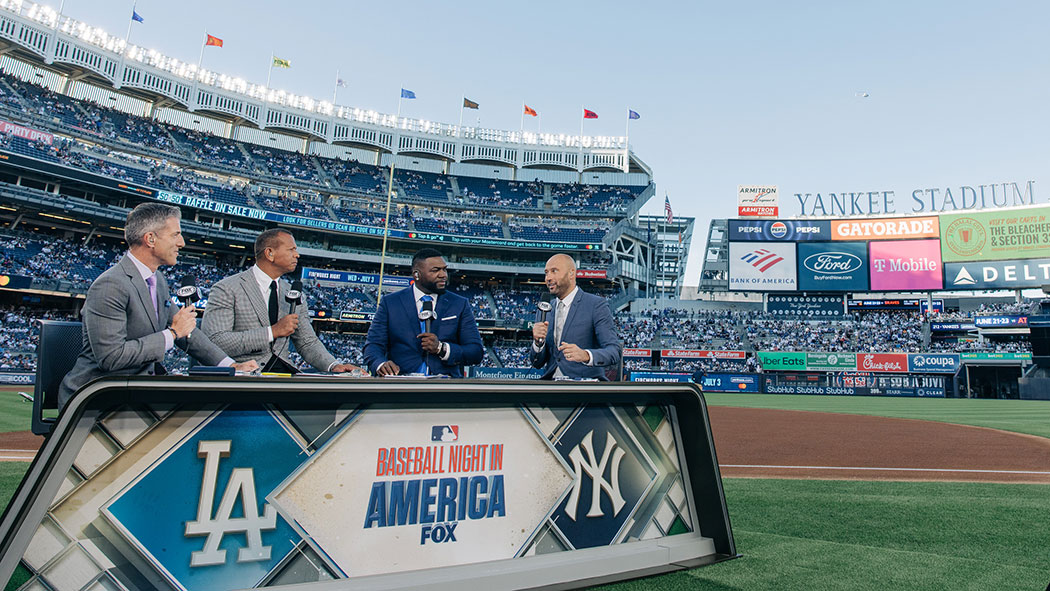Kevin Burkhardt, Alex Rodriguez, David Ortiz and Derek Jeter at Yankee Stadium